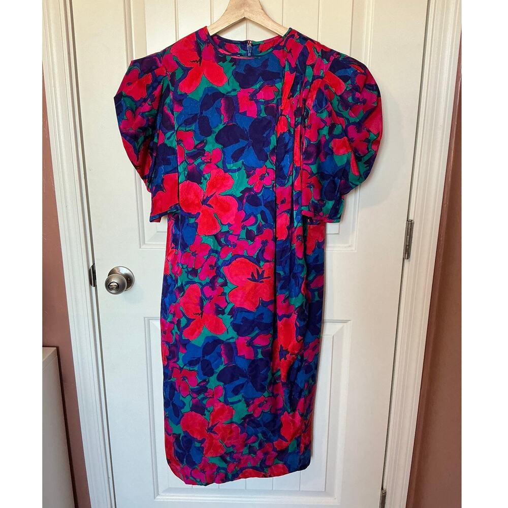 Vintage Flora Kung 100% Silk Floral Puff Sleeve Cocktail Dress W10 Pink/Blue